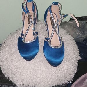 Bellissimo Blue Satin Heels with Rhinestone Accents